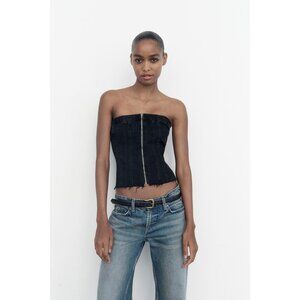 Zara Black Denim Corset Top Exposed Front Zipper Size XS Frayed Hem Strapless